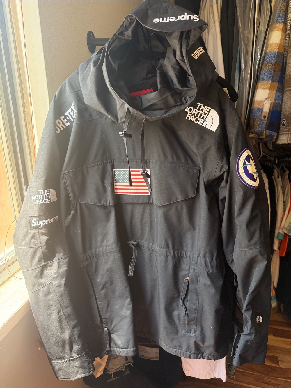 The North Face x Supreme Black Anorak Ski Jacket with US Flag Patch